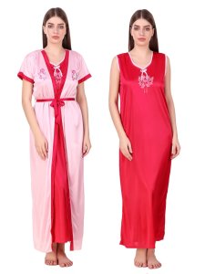 N-Gal Women's Satin Floral Pattern Embroidered Royal Long Nighty Gown with Robe Lingerie 2 Pcs Nightwear Set, Pink