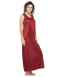 N-Gal Women's Satin Half Sleeves Polka Dot Nighty Night Dress Nightwear_DarkMaroon