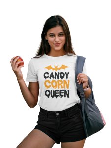 Candy corn queen (BG orange white)Halloween text - Printed Tees for Women's -designed for Halloween