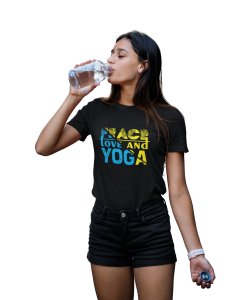 Peace, Love And Yoga Text In Blue And Yellow-Clothes for Yoga Lovers - Suitable For Regular Yoga Going People - Foremost Gifting Material for Your Friends