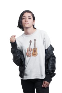 Guitar and violin- White - Men's - printed T-shirt - comfortable round neck Cotton