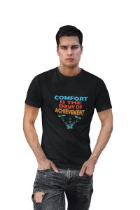 The Enemy Of Achievement, (BG Blue, Green, Orange and Red), (Black Tshirt) - Clothes for Gym Lovers - Suitable for Gym Going Person - Foremost Gifting Material for Your Friends and Close Ones