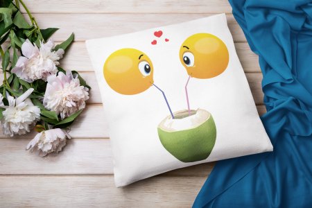 Loveable Emoji Couple Drinking Coconut Water - Emoji Printed Pillow Covers For Emoji Lovers(Pack Of Two)