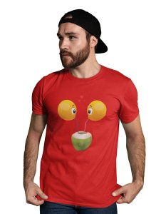 Loveable Emoji Couple Drinking Coconut Water Printed T-shirt (Red) - Clothes for Emoji Lovers - Foremost Gifting Material for Your Friends and Close Ones