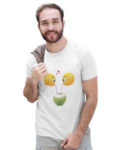 Loveable Emoji Couple Drinking Coconut Water Printed T-shirt (White) - Clothes for Emoji Lovers -Foremost Gifting Material for Your Friends and Close Ones