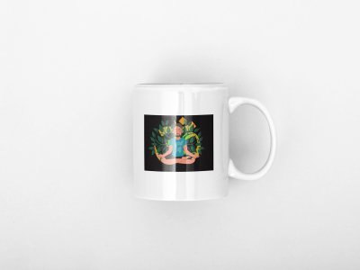 A Young Man - Cartoon - Sitting In Front Of Om Symbol, (BG Green And Yellow) - Printed Coffee Mugs For Yoga Lovers
