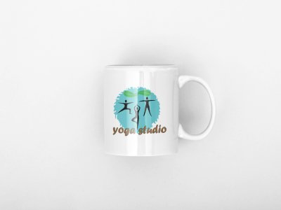 Yoga Studio, 3 Images Dancing, (BG Blue Circle) - Printed Coffee Mugs For Yoga Lovers