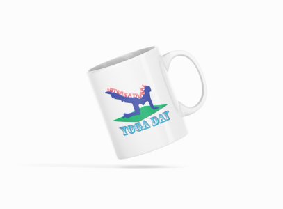 International Yoga Day Text In Red & Blue - Printed Coffee Mugs For Yoga Lovers