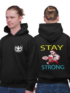 Stay Strong ( Text In Yellow & Blue) printed artswear black hoodies for winter casual wear specially for Men