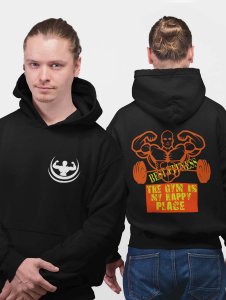 The Gym Is My Happy Place, (BG Orange) printed artswear black hoodies for winter casual wear specially for Men