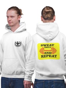 Sweat, Smile And Repeat, (BG Yellow) printed artswear white hoodies for winter casual wear specially for Men