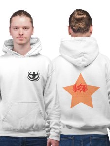 Fitness Club, Power Your Body, (BG Orange Star) printed artswear white hoodies for winter casual wear specially for Men
