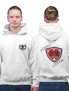Fitness Gym Center, (BG Shield Red, Black and White) printed artswear white hoodies for winter casual wear specially for Men