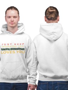Just keep working out printed artswear white hoodies for winter casual wear specially for Men