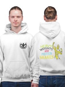 Heavy Weights and Protein Shakes Text printed artswear white hoodies for winter casual wear specially for Men