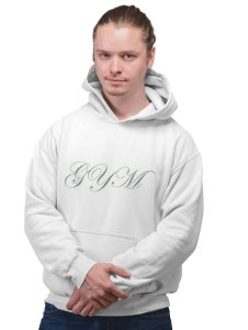 Gym (Cursive Handwriting) printed activewear white hoodies for winter casual wear specially for Men