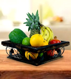 Wooden and wrought iron square shape fruit and vegetable basket/ vassels/ tokri for kitchen, dining tables and center tables