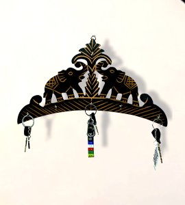 2 Elephants, 1 Tree wooden hanging keystand / key rack for walls of your home and offices (black)
