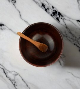 Wooden japanese flatten and glossy round bowl with two spoons for kitchen and dining table (Large)
