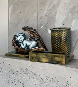 Metal prime functional sleeping baby cupid with wings desk organiser /pen container for study table and office table