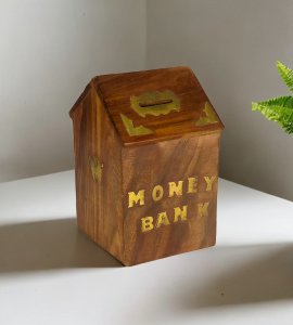 Vintage handcrafted golden liner hut shaped money bank or gullak/ coin box with a coin slot for kids