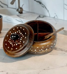 Wooden vintage round spicebox/ spices container with a lid and spoon for Kitchen(4 gaps)
