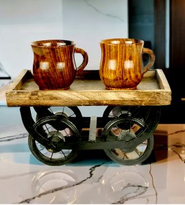 Wooden mini rural wheel bus/ cup keeper thela showpiece with 4 moving wheels for kitchen decor