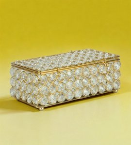 Rectangular Golden crystal box showpiece with transparent small beads with 2 hooks for home decoration purpose