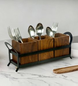 Wooden 3 cutlery holders with a iron border stand /3 spoon and fork keeper jars for kitchen and dining table
