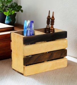 Wooden rectangular 4 broad bars based pen container/ pen holder /stationery storage holder for home and office (2 gaps)