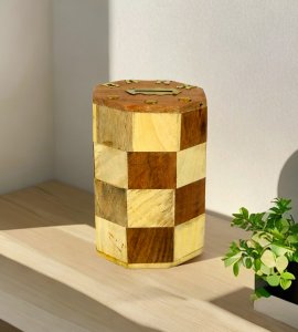 Handcrafted cylindrical wooden honey comb striped money bank/ gullak /coin storage bank for kids with coin slot