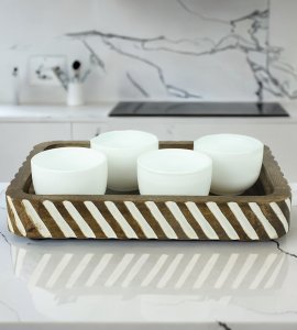 White striped wooden rectangular serving tray /platter / tea serving plate to serve tea or coffee