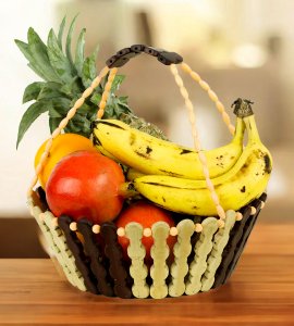 Wooden brown-white vertical bars with hanger fruit and vegetable basket/ tokri for kitchen, center table and dining table