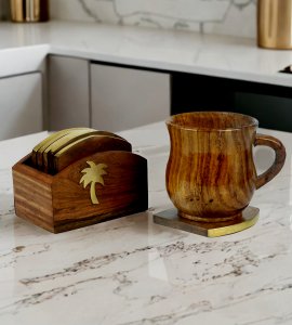 Wooden dining and coffee table coaster stand/ coaster holder with 6 coasters for kitchen (semi-square)