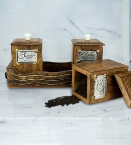 Wooden three salt and pepper keepers/ containers/ jars/ salt boxes with a wooden tray for kitchen and dining table