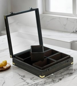 Wooden handcrafted spice box/ spice container with a closure transparent lid for kitchen and dining table (6 chambers)