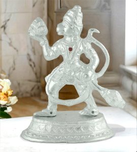 Brass metal silver handcrafted standing Lord Hanuman idol for home & puja ghar