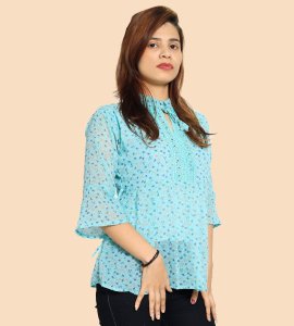 Orange Blue Tulips floral womens printed top (sky blue top) - Made up of Rayon for your plesant and cozy