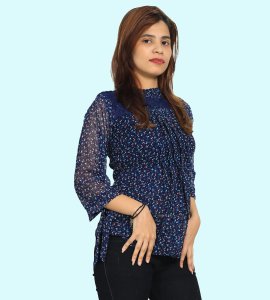 Blue orange infinite buds, net in sleeves floral printed womens top (Navy blue) - Made up of Rayon for your plesant and cozy