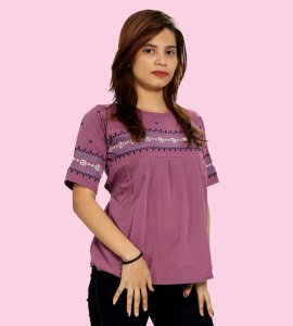 White circles, black chained lines floral womens printed top (purple top) - Made up of Rayon for your plesant and cozy
