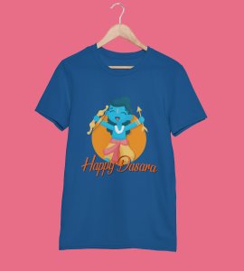 Happy Dasara printed unisex adults round neck cotton half-sleeve blue tshirt specially for Navratri festival/ Durga puja
