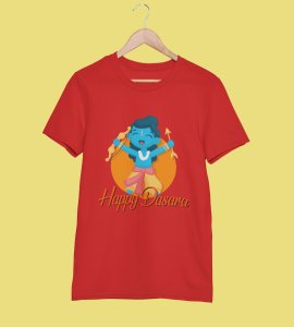 Happy Dasara printed unisex adults round neck cotton half-sleeve red tshirt specially for Navratri festival/ Durga puja