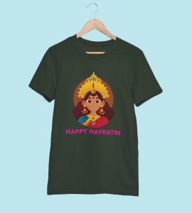 Happy Navratri (Durga ma face) printed unisex adults round neck cotton half-sleeve green tshirt specially for Navratri festival/ Durga puja