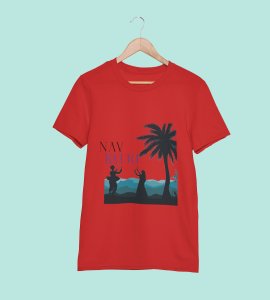 Navratri (Trees) printed unisex adults round neck cotton half-sleeve red tshirt specially for Navratri festival/ Durga puja