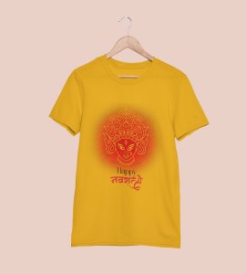 Happy Navratri (BG Red) printed unisex adults round neck cotton half-sleeve yellow tshirt specially for Navratri festival/ Durga puja