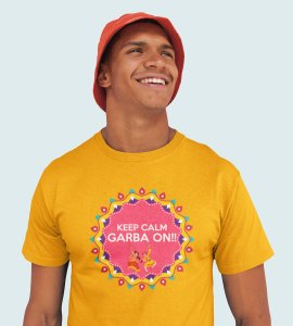 Keep calm, garba on printed unisex adults round neck cotton half-sleeve yellow tshirt specially for Navratri festival/ Durga puja