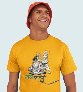 Garba nights, couple printed unisex adults round neck cotton half-sleeve yellow tshirt specially for Navratri festival/ Durga puja