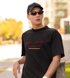 Netflix and chill printed unisex adults round neck cotton half-sleeve black tshirt specially for Navratri festival/ Durga puja