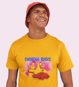 Dandiya rass printed unisex adults round neck cotton half-sleeve yellow tshirt specially for Navratri festival/ Durga puja