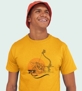 Ram text, Circle enhanced printed unisex adults round neck cotton half-sleeve yellow tshirt specially for Navratri festival/ Durga puja